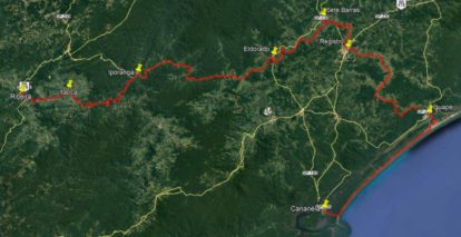 Mapa do trecho do Peabiru pelo ramal que chega em Cananéia (SP) a partir das pesquisas realizadas até 2021