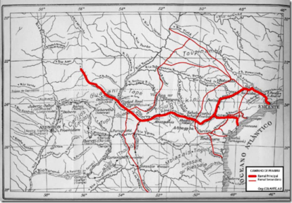  Sobre o Itinerário de Ulrich Schmidel com o Caminho de Peabiru em destaque; Adaptado de Maack (2002). COLAVITE, Ana Paula. Contribuição do geoprocessamento para a criação de roteiros turísticos nos caminhos de Peabiru-PR. Dissertação (mestrado) Programa de pós-graduação em Geografia, Universidade Estadual de Londrina, 2006