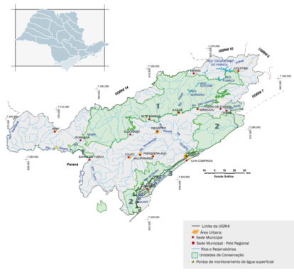 Mapa das Unidades Hidrográficas de Gerenciamento de Recursos Hídricos (UGRHI) do Vale do Ribeira