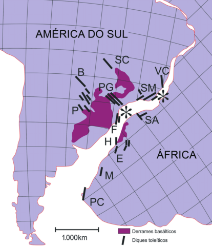 Em preto, diques de diabásio (condutos que trouxeram o magma que se derramou sobre a crosta continental - em roxo - e deu origem à crosta oceânica no processo de abertura do Oceano Atlântico) do evento geológico Paraná-Etendeka, de cerca 130 Milhões de anos. Na América do Sul o magmatismo do Paraná inclui os diques de Ponta Grossa (PG), Paraguai (P), Serra do Mar (S), Vitória-Colatina (VC), Florianópolis (F), Bodoquena ocidental (B) e Serra do Caiapó (SC). Na África o magmatismo Etendeka inclui os diques do sudoeste Angolano (SA), Etendeka (E), Horingbaai (H), Mehlberg (M) e Península do Cabo (PC). Os asteriscos mostram possíveis centros vulcânicos. Modificado de Ernst e Buchan (1997). (1)