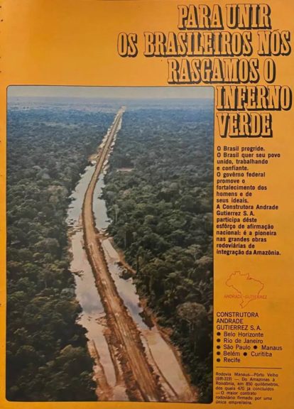 Propaganda da construtora Andrade Gutierrez publicada na Edição Especial Amazônia da Revista Realidade de 1972. Crédito: Reprodução/Acervo Ricardo Cardim.
