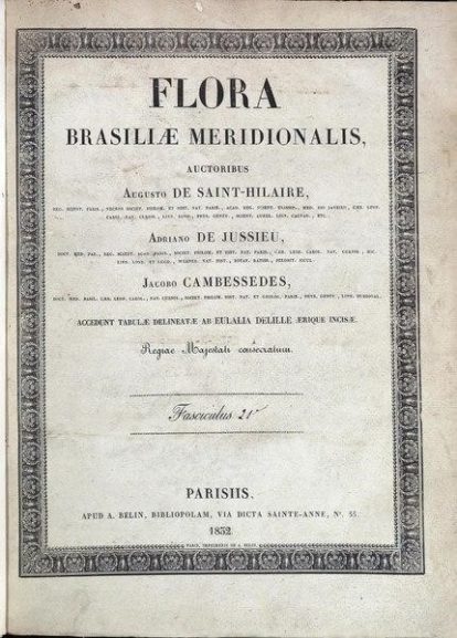 Obra em três volumes com 24 partes que foi escrita por Augustin Saint-Hilaire entre os anos 1825-1832 e que contém 592 lâminas em cor, onde se descreve a flora do Brasil. (4)
