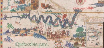 Detalhe do Rio Amazonas com o entorno da América do Sul. Presente no ‘’The QueenMary Atlas’’, produzido de 1555 a 1559 pelo cartógrafo português Diogo Homem. (4) 