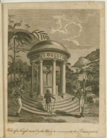 ‘’Vista de um Templo eregido pelos Pretos para comemorar sua Emancipação’’. Ilustração presente no livro ‘’An historical account of the black empire of Hayti: comprehending a view of the principal transactions in the revolution of Saint Domingo; with its antient and modern state’’, de Marcus Rainford, publicado em 1805. (4)