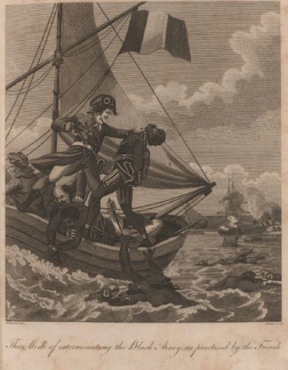 ‘’O Modo de exterminar o Exército Preto praticado pelos Franceses. Ilustração presente no livro ‘’An historical account of the black empire of Hayti: comprehending a view of the principal transactions in the revolution of Saint Domingo; with its antient and modern state’’, de Marcus Rainford, publicado em 1805. (5)