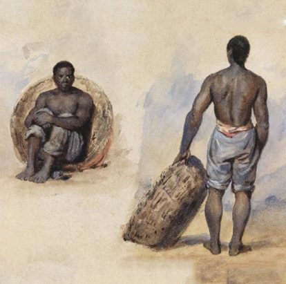 Grafite aquarelado de François-René Moreaux, século XIX. Negro escravizado fabricante de balaios. (1)