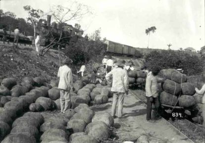 Pélas de borracha transportadas através da ferrovia Madeira-Mamoré. Cerca de 1909-1910. Acervo do Museu Paulista da USP. (4)
