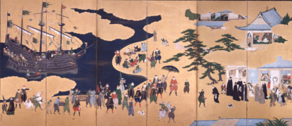 Biombos de Nambam, pintura dos portugueses chegando em Nagazaki, Kano Naizen. (5)