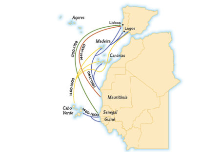 Cronologia e as rotas dos principais movimentos de tráfico negreiro. Mapa: NGM-P. Fonte: “An Atlas of the Transatlantic Slave Trade”, de David Eltis e David Richardson. reproduzido com autorização de Yale University Press. (2)
